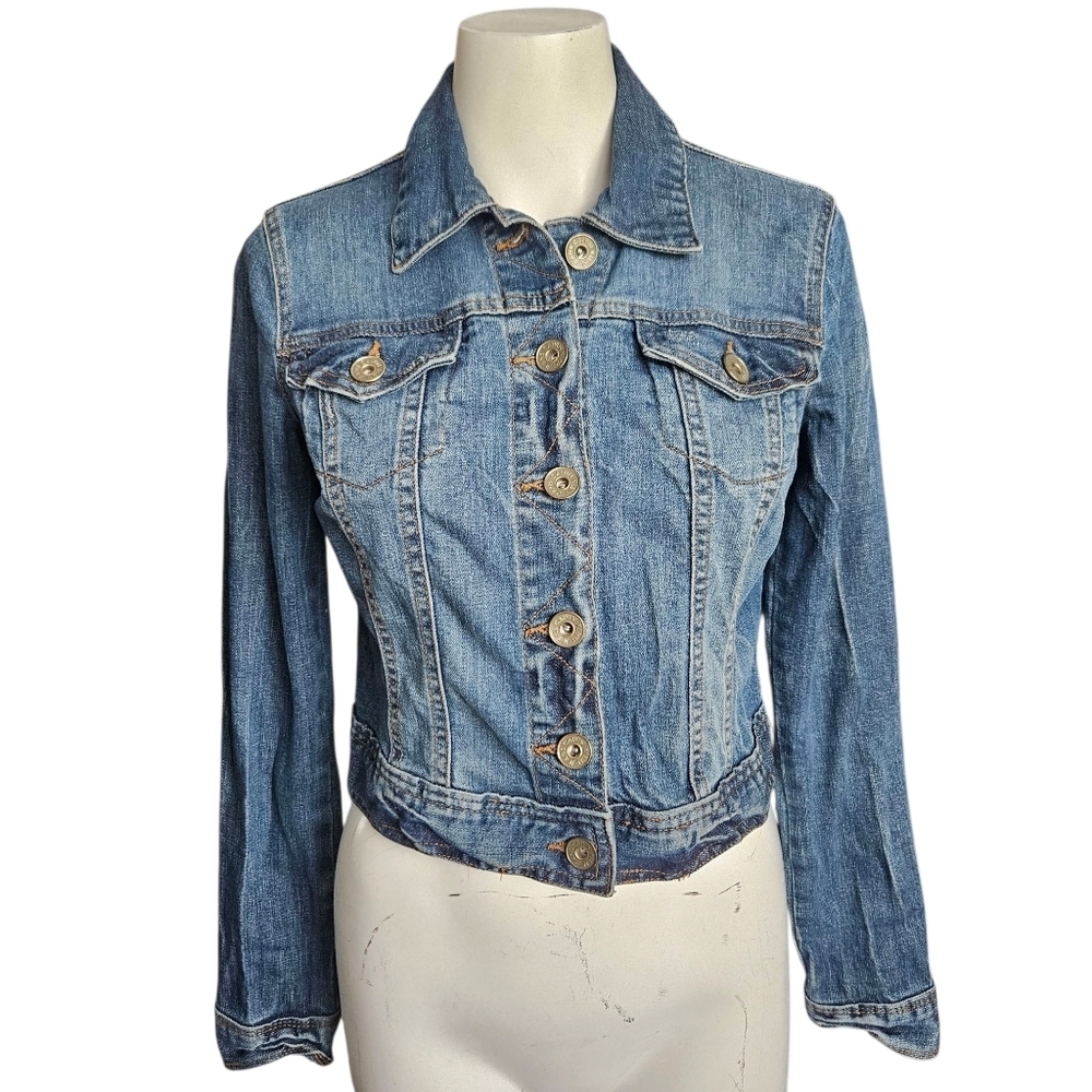 Calvin Klein Womens Light Wash Cropped Trucker Denim Jacket Size‎ P/S Biker